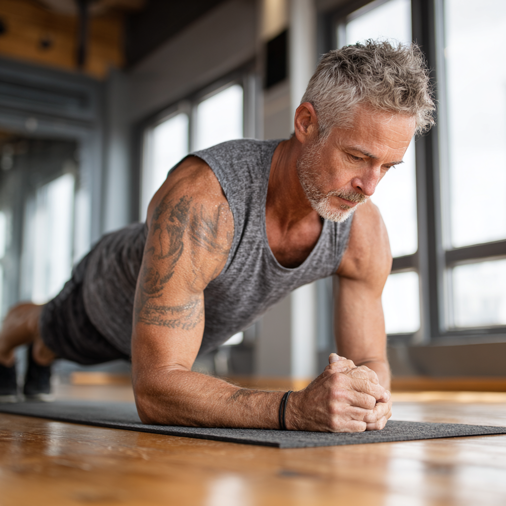 Fit mature man in his 50s performing a plank exercise on a yoga mat in a bright, modern fitness studio with wooden floors and large windows